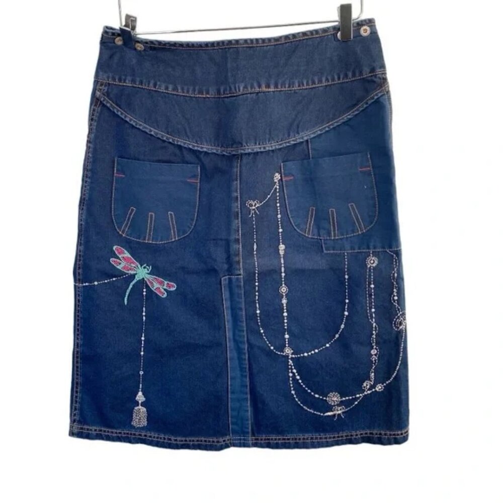 Oilily NWT Denim Embroidered Beaded Embellished Midi Skirt Wide Belt Dragonfly